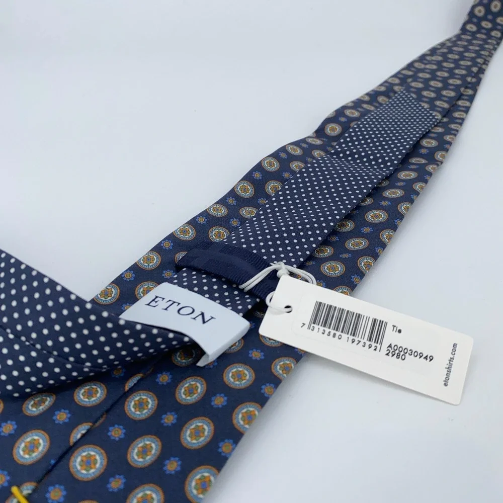Eton Tie Mens One Size Navy Patterned Silk Classic Fit Necktie Italy‎ Made NWT